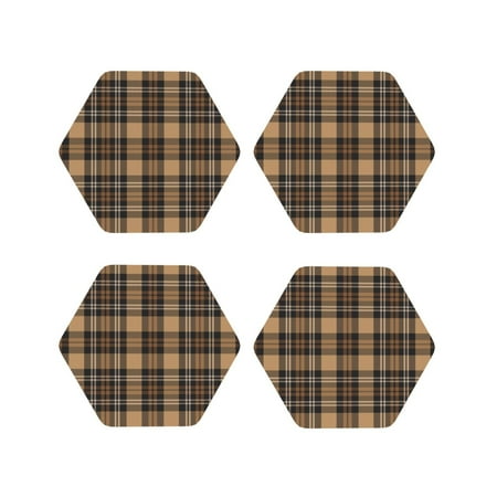 

Junzan khaki coffee plaid Print Coasters for Drinks - Leather Coasters Set of 4 for Coffee Table for Housewarming/Kitchen/Bar/Decor-Hexagon