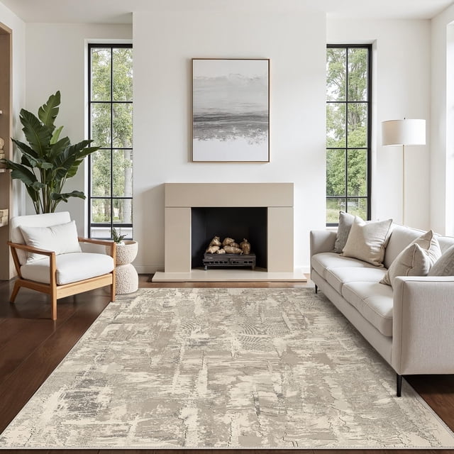 5x7 Area Rugs for Living Room and Bedroom, Machine Washable Non Slip Low Pile Lightweight Print Pattern Rug, Indoor Modern Farmhouse Decor Brush Strokes Dusty Beige