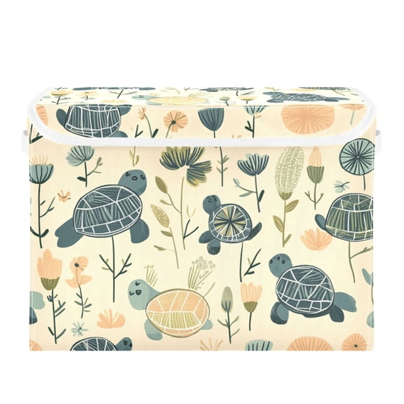 Turtle Floral on Beige Large Storage Bins with Linen Collapsible Lid Storage Box 16.7 x 12.6 x 11.8in