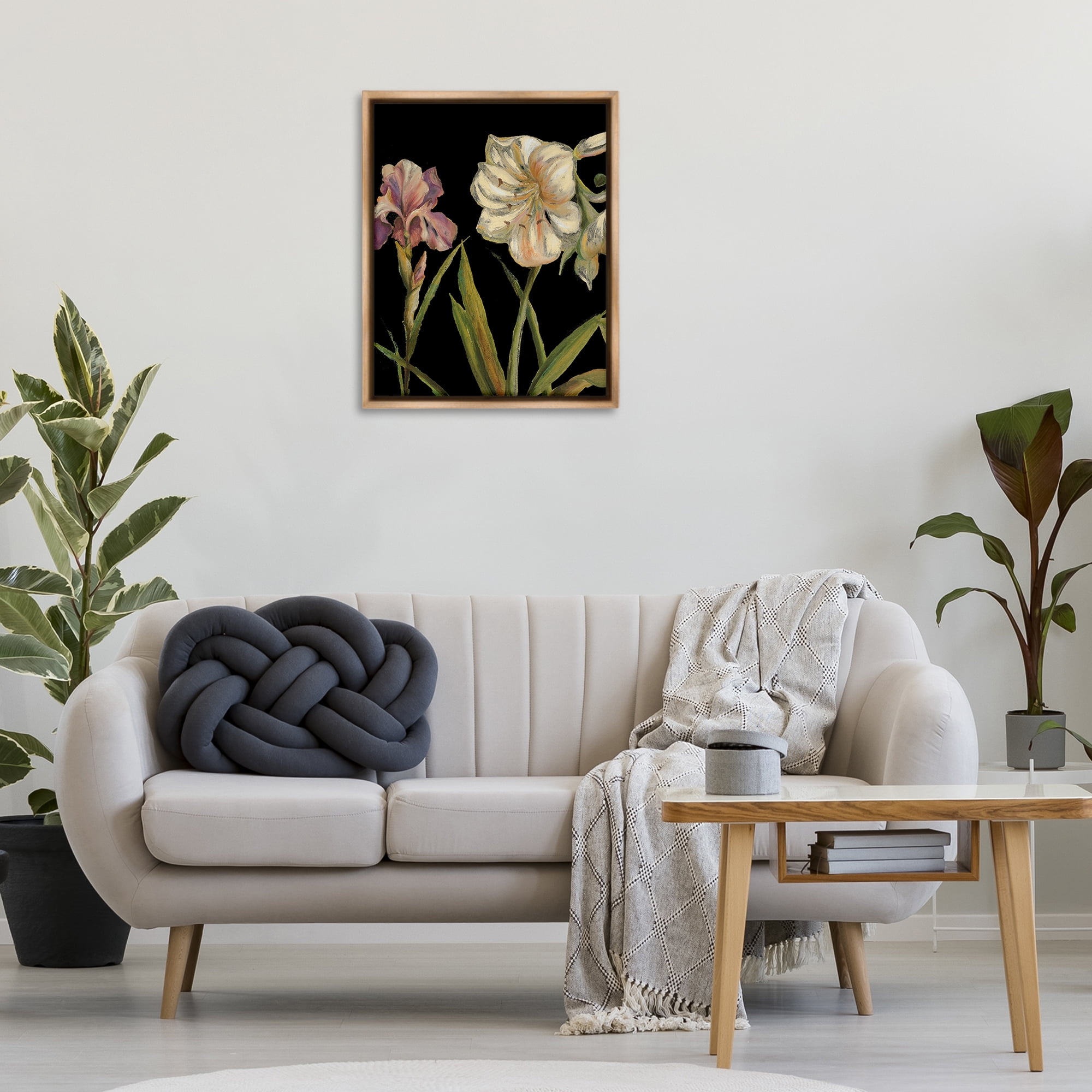 Stupell Industries Iris Flowers on Black Botanical & Floral Painting Brown Floater Framed Canvas Art Print Wall Art, 25 x 31