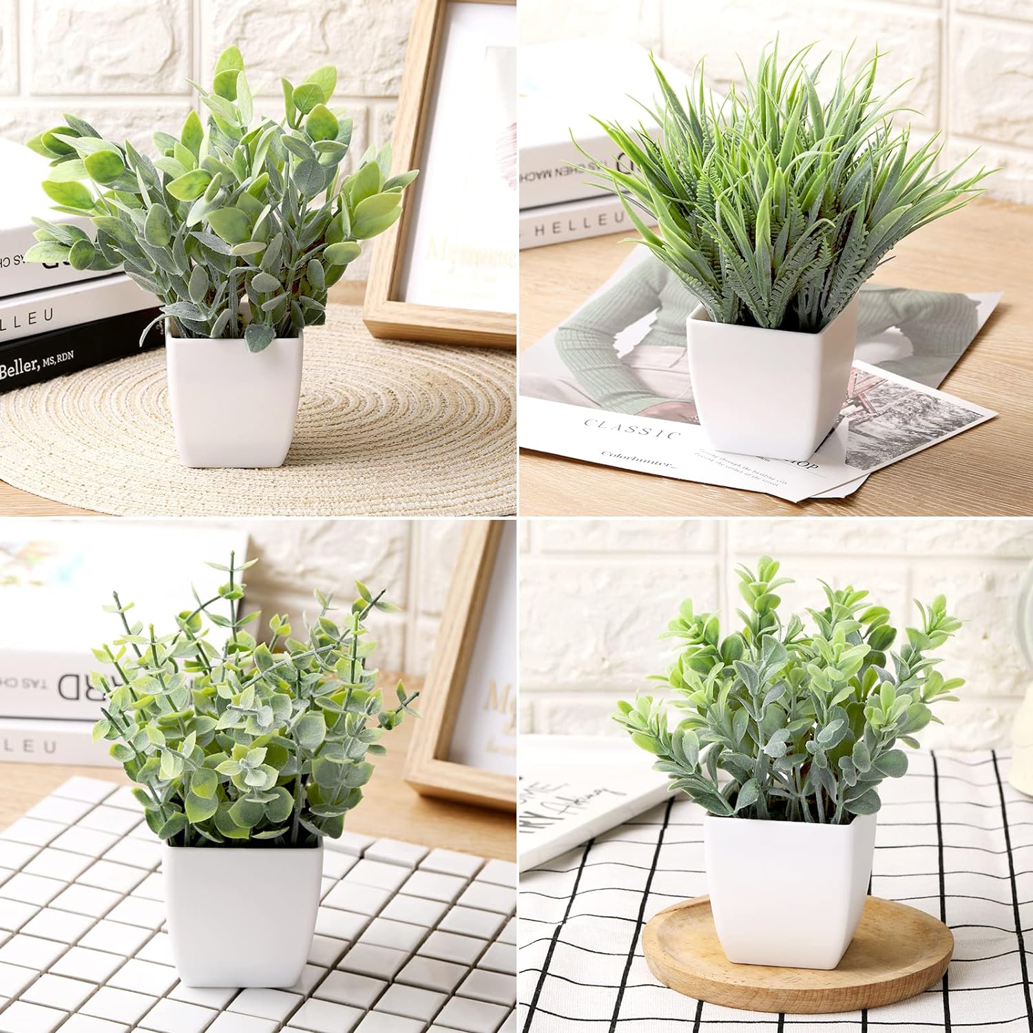 4 Pack Small Faux Plants for Office Desk Fake Mini Potted Plants for Shelf Artificial Greenery Eucalyptus Plant Indoor for Home Bedroom Living Room Décor