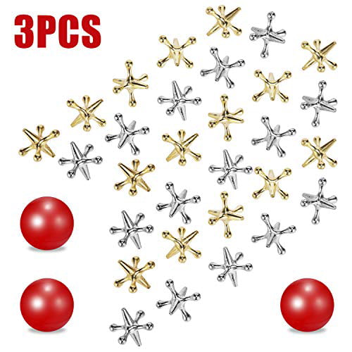 3 Sets Retro Metal Jacks and Ball Game Toys Kit,Include 3 Pieces Red Rubber