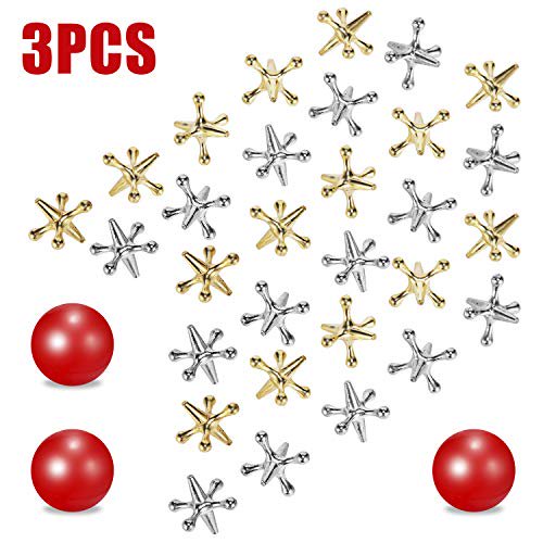 ZeeDix 3 Sets Retro Metal Jacks and Ball Game Toys Kit,Include 3 Pieces Red Rubber Balls and 30 Pieces Pcs Gold and Silver Metal Jacks for Kids and Adults,Classic Game of Jacks for Party Favor