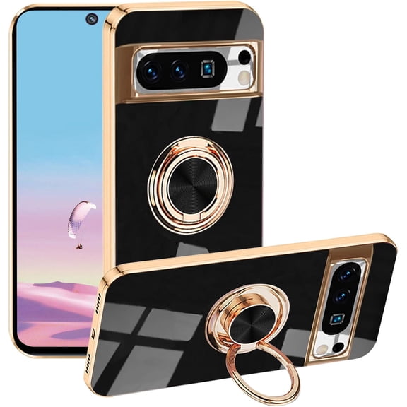 for Google Pixel 8 Pro Case with Ring Holder Magnetic Aesthetic Google Pixel 8 Pro Phone Case Silicone Soft TPU Thin White Cover 360° Rotatable Metal Kickstand (Black)