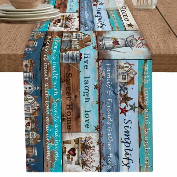American Country Star Barn Home Quote Table Runner-70 Inch Long Vintage Wood Grain Table Runners Linen Burlap Tablerunner for Kitchen Dining Room Holiday Party
