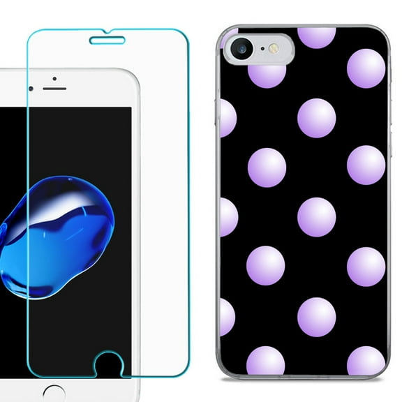 For Apple iPhone SE 2020 Case, Slim-Fit TPU Phone Case, with Tempered Glass Screen Protector, by OneToughShield ® - Polka Dot / Purple