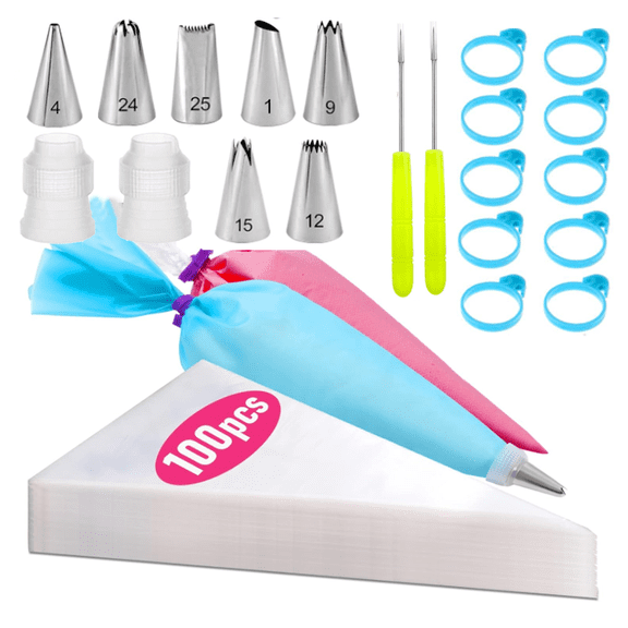 Piping Bags, 100 Pcs 12" Disposable Pastry Bags & 7 Reusable Frosting Tips, Thick Icing Bags, Non-Slip