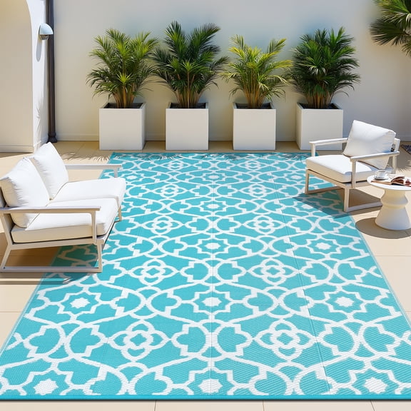 MeyJey 6'x9' Outdoor Rug, Patio Rug Waterproof RV Outdoor Rug Camping Rugs Reversible Plastic Mat for Camping, Balcony Apartment, Patio, Porch, Picnic, Beach, Teal