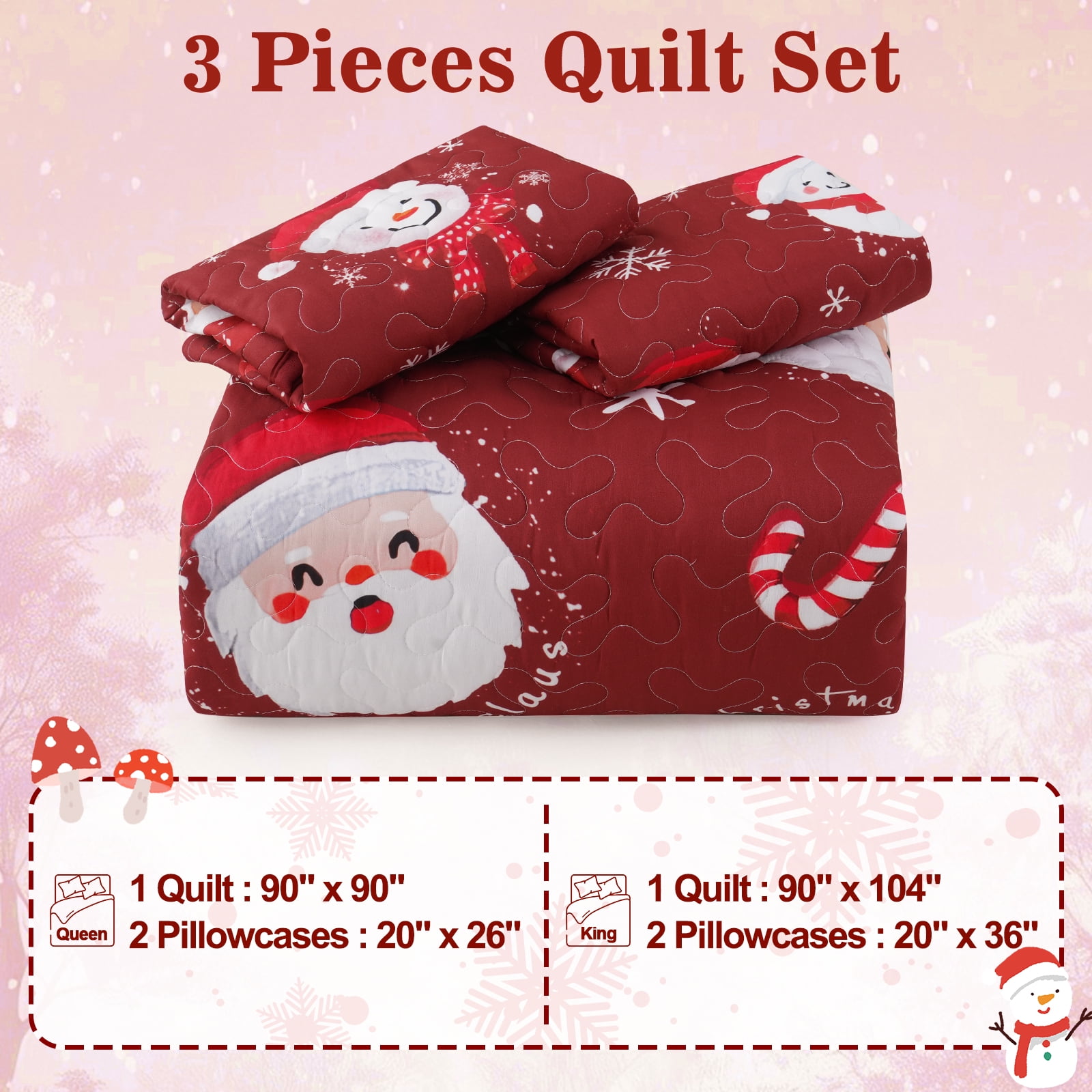 BLEUM CADE Christmas Quilts Queen Size 3 Piece, Santa Claus & Snowflake Quilt Bedding Set, Christmas Decor Soft Lightweight Bedspread Coverlet Set (1 Quilt, 2 Pillow Cases)