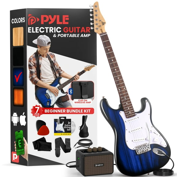 Pyle Full Size Electric Guitar Kit with 5W Amplifier, Gig Bag, Picks, Spare Strings, and Strap, ST-Style Beginner Guitar Bundle with 22 Frets, Paulownia Wood Body, Blue