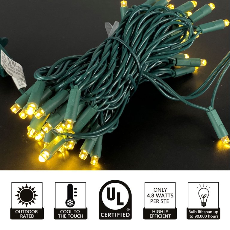 Yellow/Amber LED String Light Strand Green Cord - 50 Lights