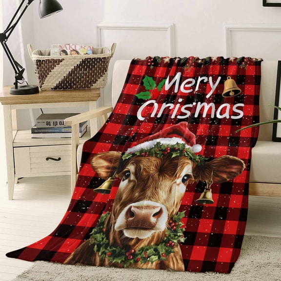 Christmas Cow Throw Flannel Blanket 50x60In Xmas Bell Star Black and Red Buffalo Plaid Super Soft Cozy Bed Blanket, Lightweight Plush Fuzzy Bed Throw for Bedroom Sofa Couch Living Room