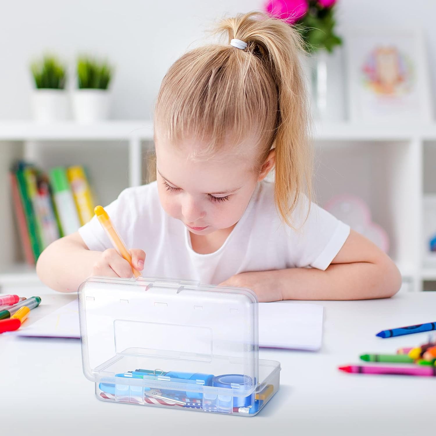 24 Pack Clear Plastic Pencil Boxes, Large Stackable Stationery Organizer, Bulk Crayon Storage Case for Classroom and Daily Use, Transparent