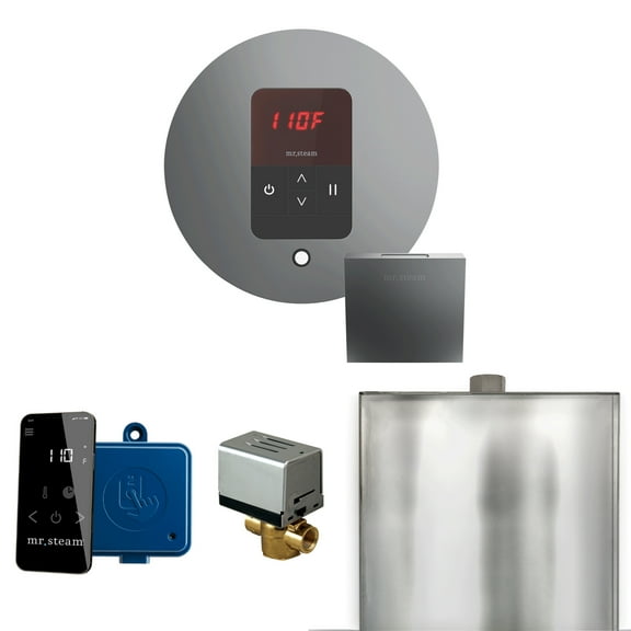 Mr Steam Basic Butler Steam Shower Ctrl Pkg w/Round iTempo Control and Steamhead in Satin Steel