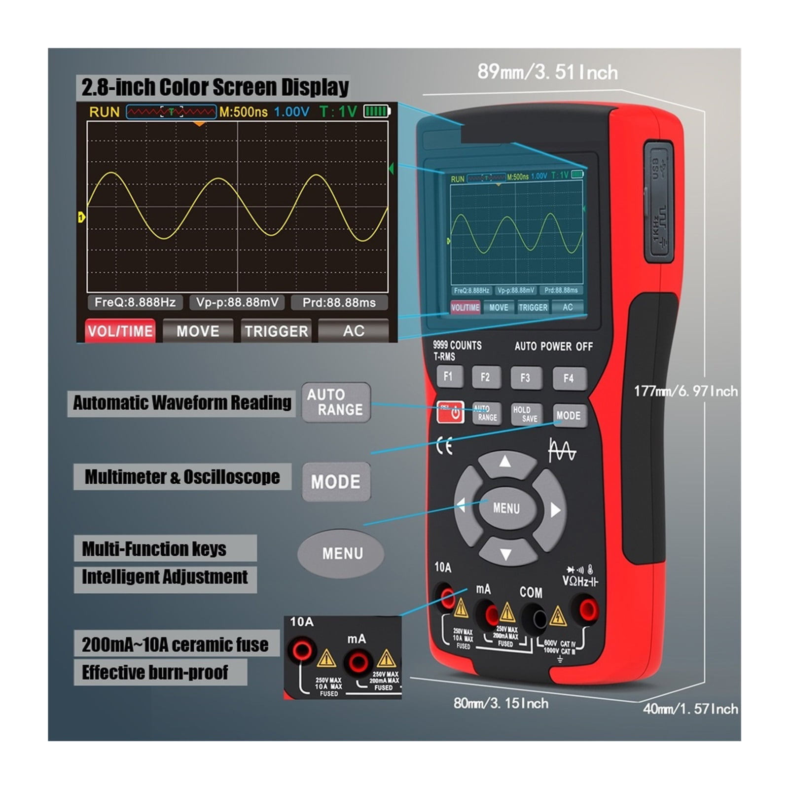 Digital Oscilloscope Handheld Signal Generator 2.9-inch Color Screen Voltage Tool Smart Oscilloscop ,Professional Designed