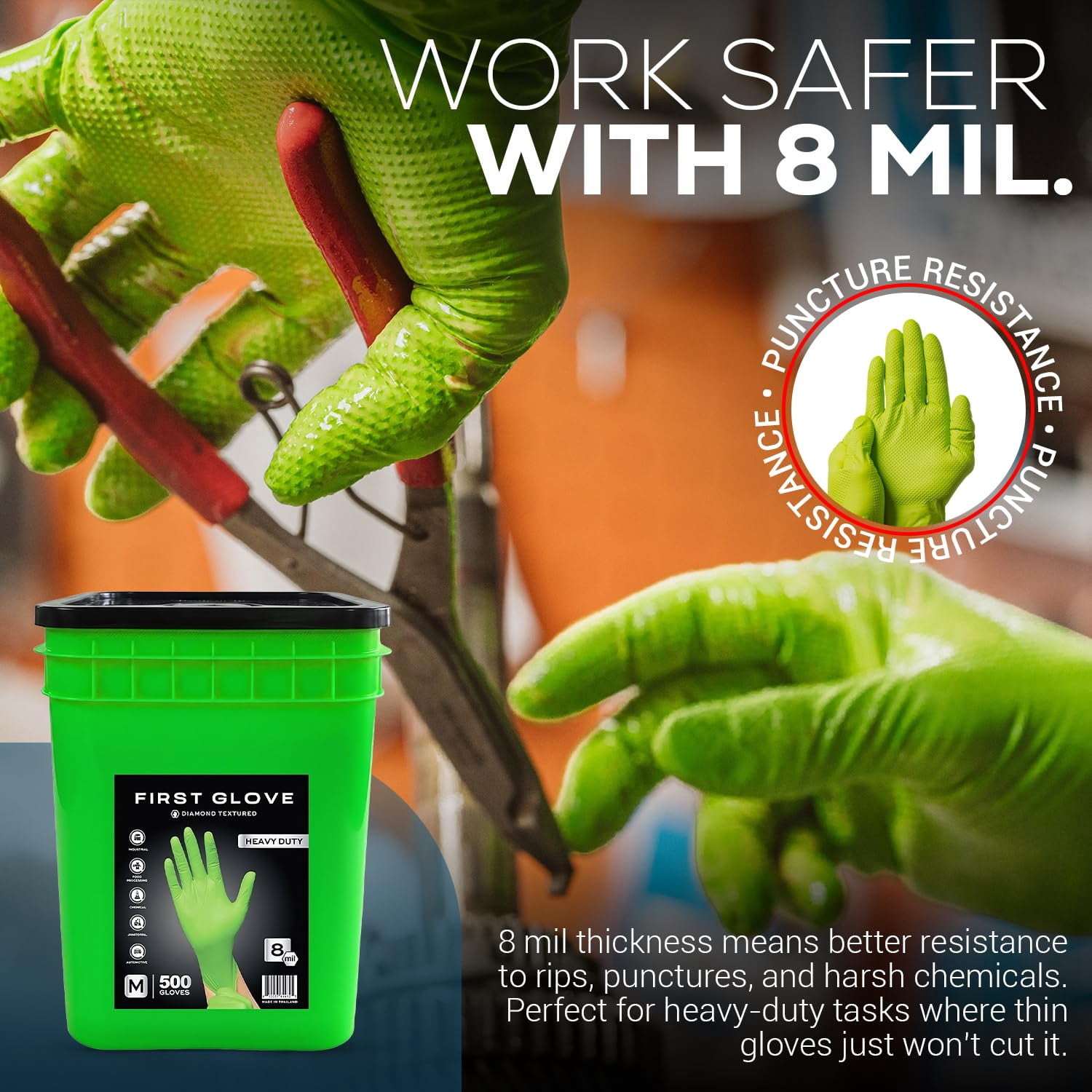 First Glove 8 Mil Green Nitrile Gloves Bucket - 2X- Large - 500 Count - Raised Diamond Textured Heavy Duty Industrial Gloves for Automotive & Mechanic Work - Latex Free, Powder Free, Bulk