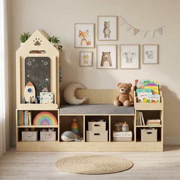 Guqiart Kids Bookshelf with Reading Nook, Wooden Toy Storage Organizer Featuring Chalkboard and Bench, Toddler Bookcase for Boys & Girls, Multi‑Purpose Toy Shelf for Bedroom, Nursery, Playroom