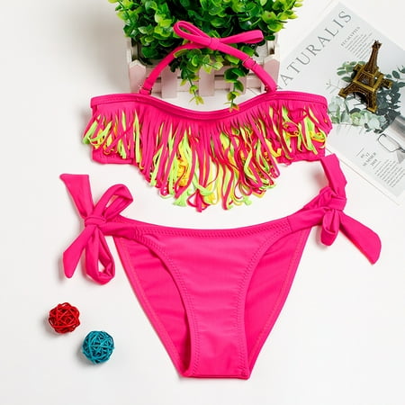 

Cathalem Girls Swimsuit Size 28 Split Bikini Swimsuit Summer Swimsuit Tassel Girls Quick-drying Children s Girls Bikini Set Swimwear Hot Pink 11/12Y
