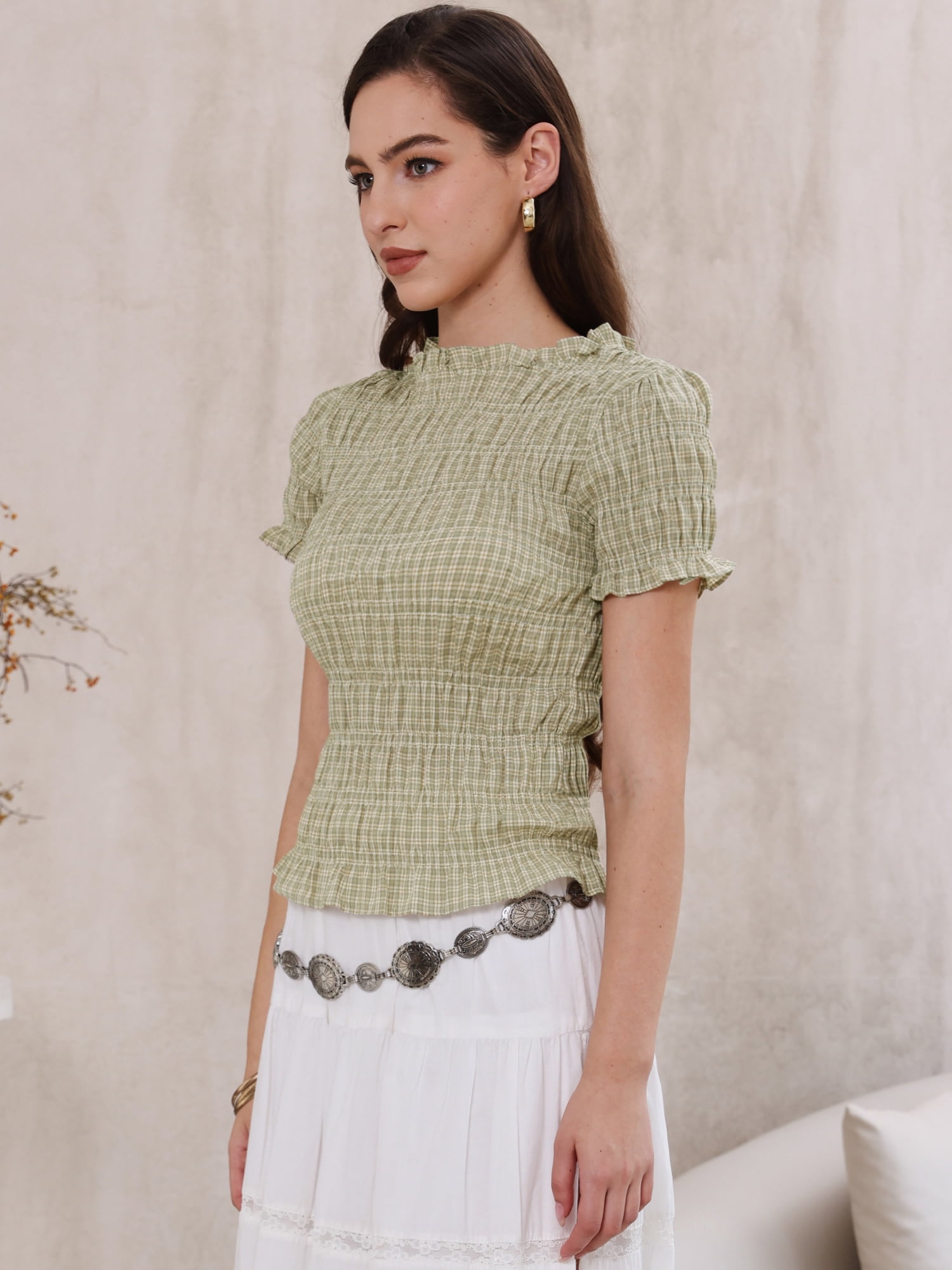 DARING DIVA Women's Smocked Plaid Short Sleeve Crew Neck Ruffle Tops Shirt L Gray Green