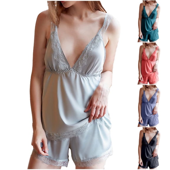 Bovxnpu Womens Cami Pajama Sets 2 Piece Tank Top Shorts Lounge Set Lace Silk-Like V-Neck Camisole Shorts 2-Piece Casual Sleepwear