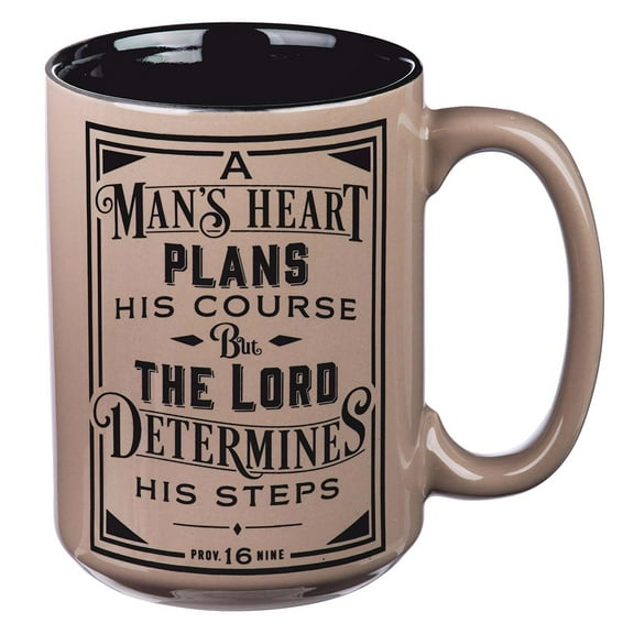 Christian Art Gifts Large Ceramic Coffee & Tea Mug for Men, Dads & Pastors: Man's Heart Plans Inspirational Bible Verse Microwave/Dishwasher Safe Drinkware, Lead/Cadmium-free, Café Brown/Black, 14 oz.