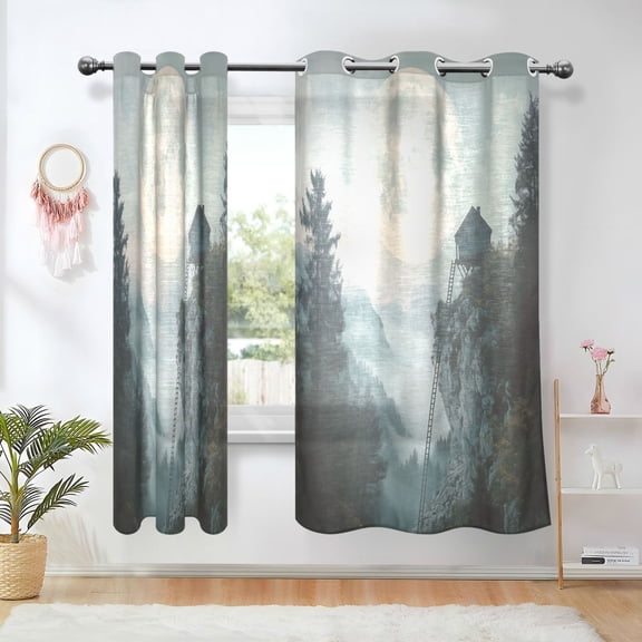 Yayeee Window Curtains Light Filtering 63"x42" Grommet Panel Pair Home Living Room Decor, Moon and House