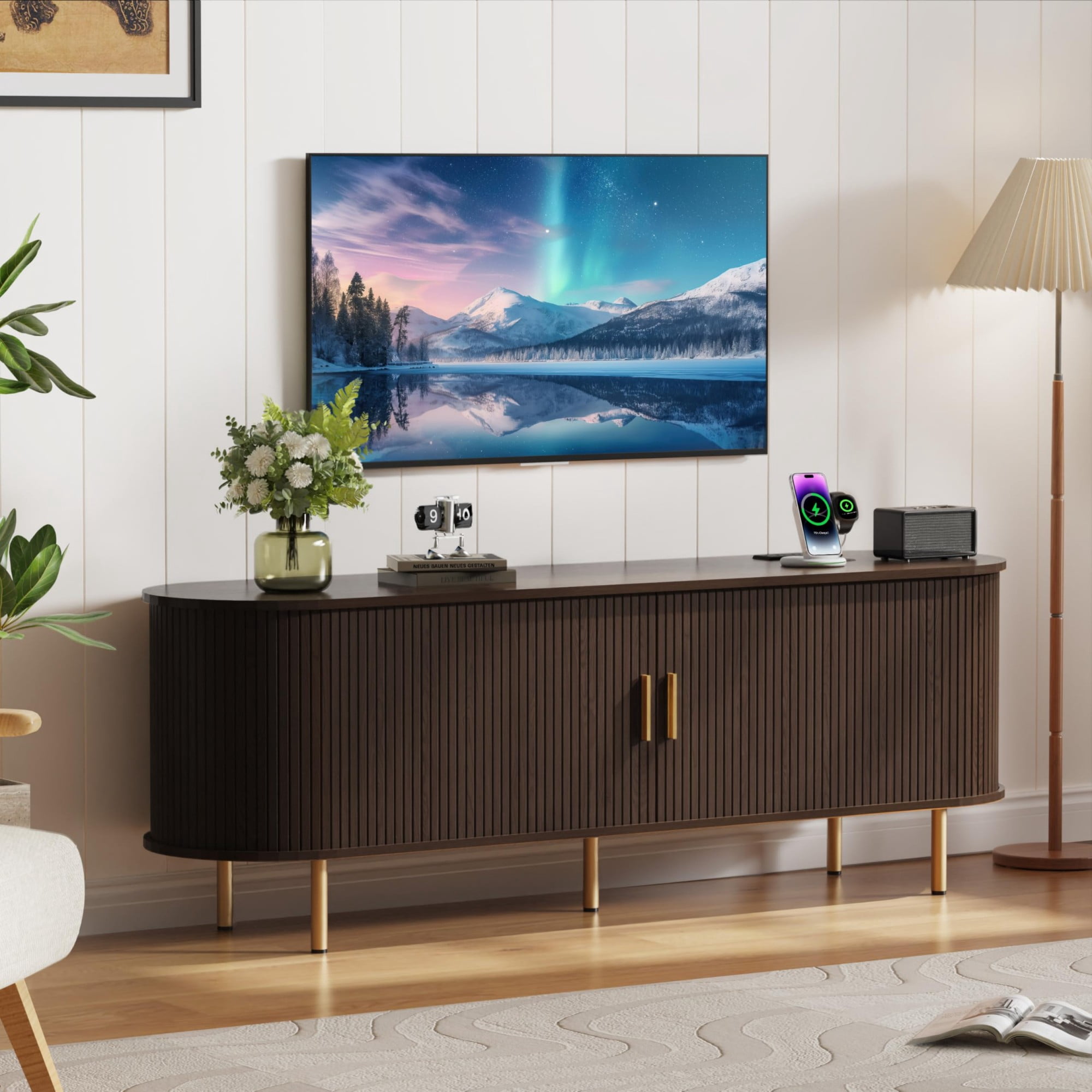 63 Inch Mid Century Modern TV Stand with Power Outlet, Fluted Media Console with Sliding Doors for TVs up to 70 Inch, Coffee