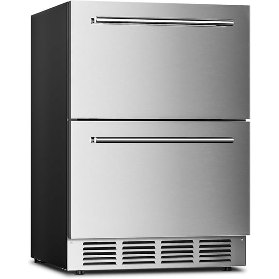 WAA 24" Double Drawer Beverage Cooler 145 Can Under Counter Built-in Outdoor Fridge for Kitchen Commercial,Silver