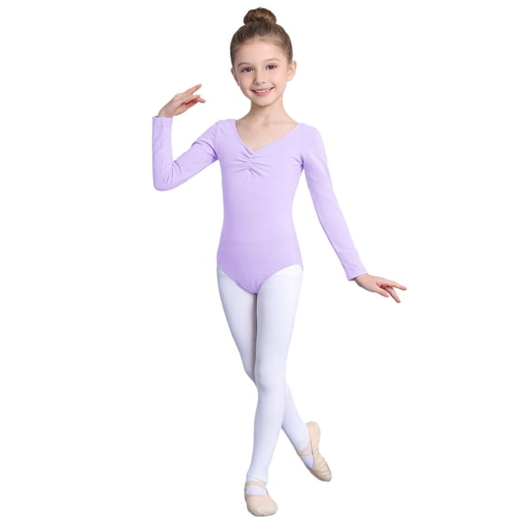 Curuila Children Girls Romper Dance Wear Long Sleeve Solid Color V Neck Performances Stretch Fashion Soft Bodysuits Light Purple1 Size 4-5 Years
