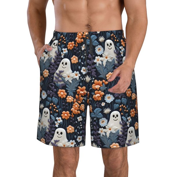 Fotbe Cute ghost in the flowers Trajes de Baño Estampados para Hombre, Shorts de Verano de Secado Rápido, Ropa de Playa, Bañadores-3X-Large