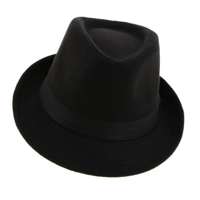 Classic Unisex Felt Fedora Hat Ribbon Band Winter Manhattan Wool Panama Hat - Black, as described