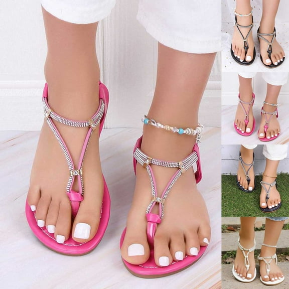 Sandals for Women Flat Heel Open Toe Rhinestone Flip-Flops Women's Fashionable Casual Comfortable Versatile Sandals Summer Beach Shoes