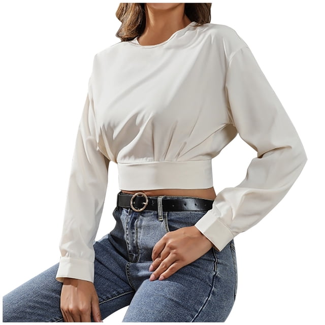 Blusa de manga larga con cuello redondo, cómoda, informal, a la moda, para mujer Pompotops FGAJ8794