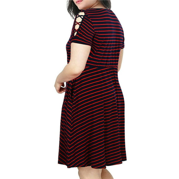 Aayomet Fashion Women Plus Size O-Neck Short Sleeve Stripe Cold Shoulder Mini Dress,Red XXL