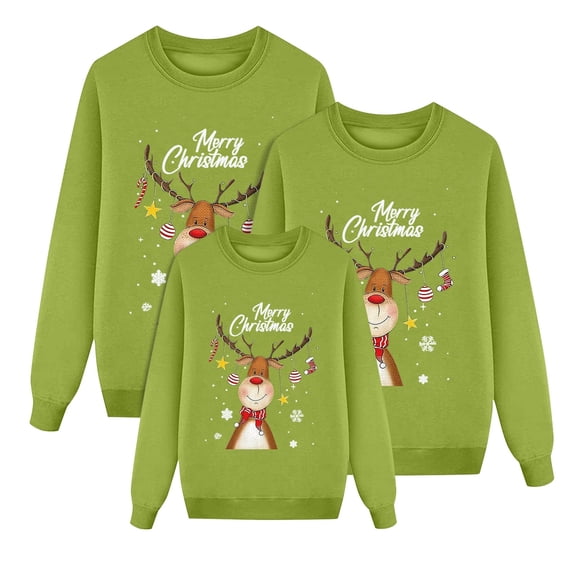 QTSHPN Christmas Sweatshirts for Family Matching Mom Christmas Deer Print Casual Sweater Long Sleeve Round Neck Parent Child Outfit Top Women's Sweatshirt