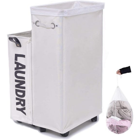 Laundry Hamper, Caroeas Rolling Laundry Basket Collapsible Tall Slim Laundry Hamper with Washable & Breathable Mesh Liner Waterproof & Dustproof Laundry Cart on Wheels (Beige)