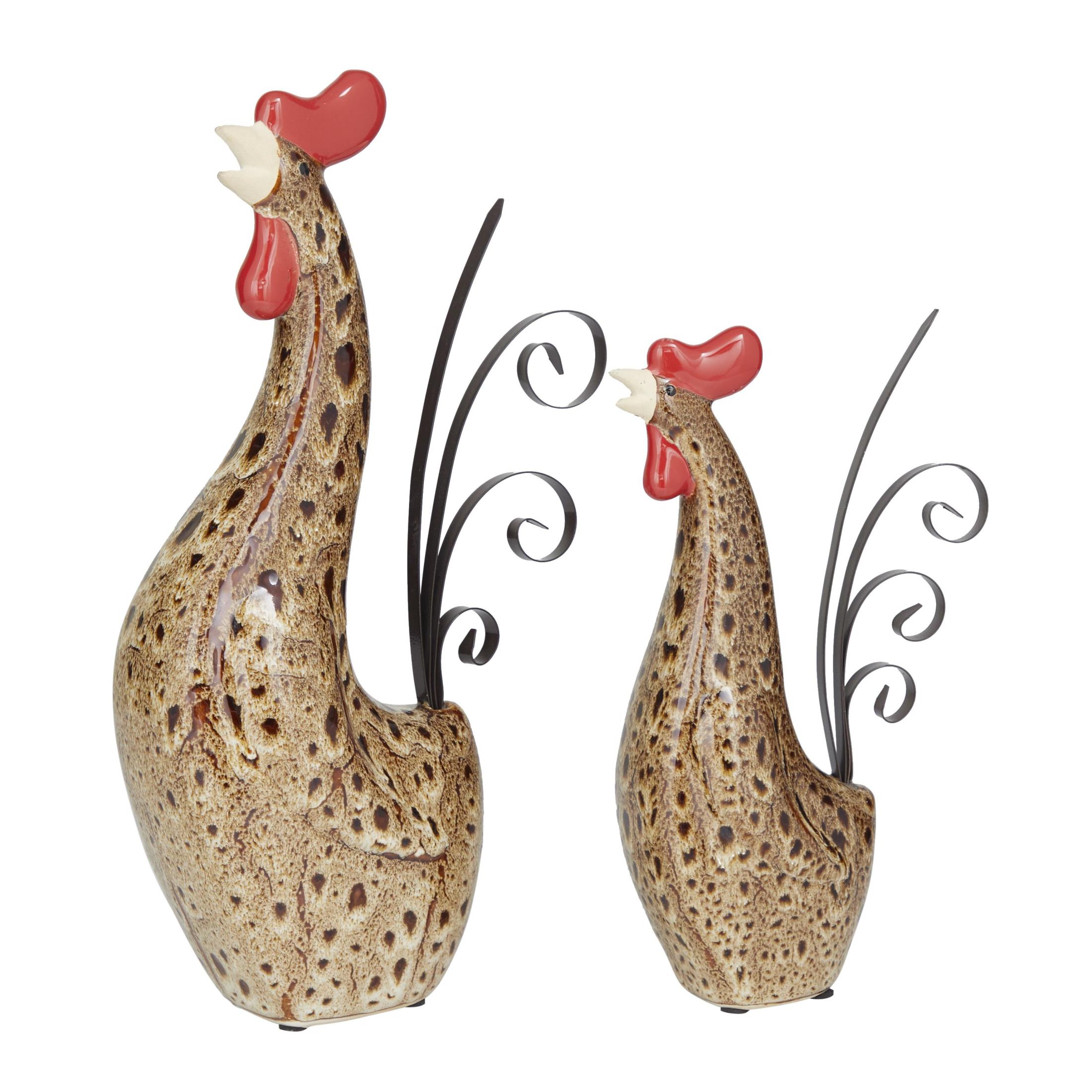 DecMode 10" Indoor Outdoor Standing Rooster Garden Sculpture with Reactive Glaze Finish (2 Pack)