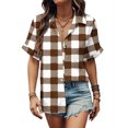 thumbnail image 2 of lulshou Women's Plaid Shirt Fashion Button Shirt Female Lapel Neck Short Sleeves Loose T-shirt Blouse Trendy Casual Checkered Blouse Tops Summer Shirts, 2 of 5