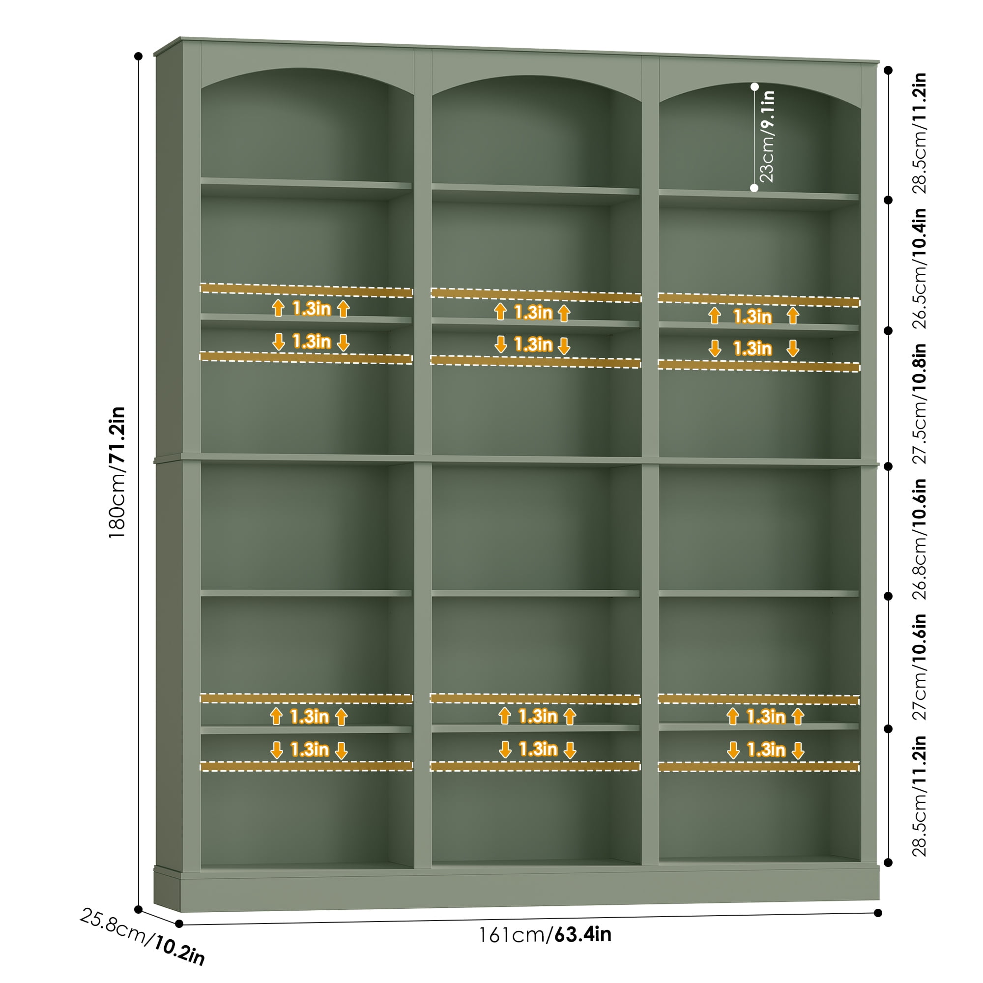 Homfa 18-Cube Bookcase and Bookshelves, 71.2" Triple Width 6-Tier Freestanding Arch Library Cabinet for Home Office Living Room, Green