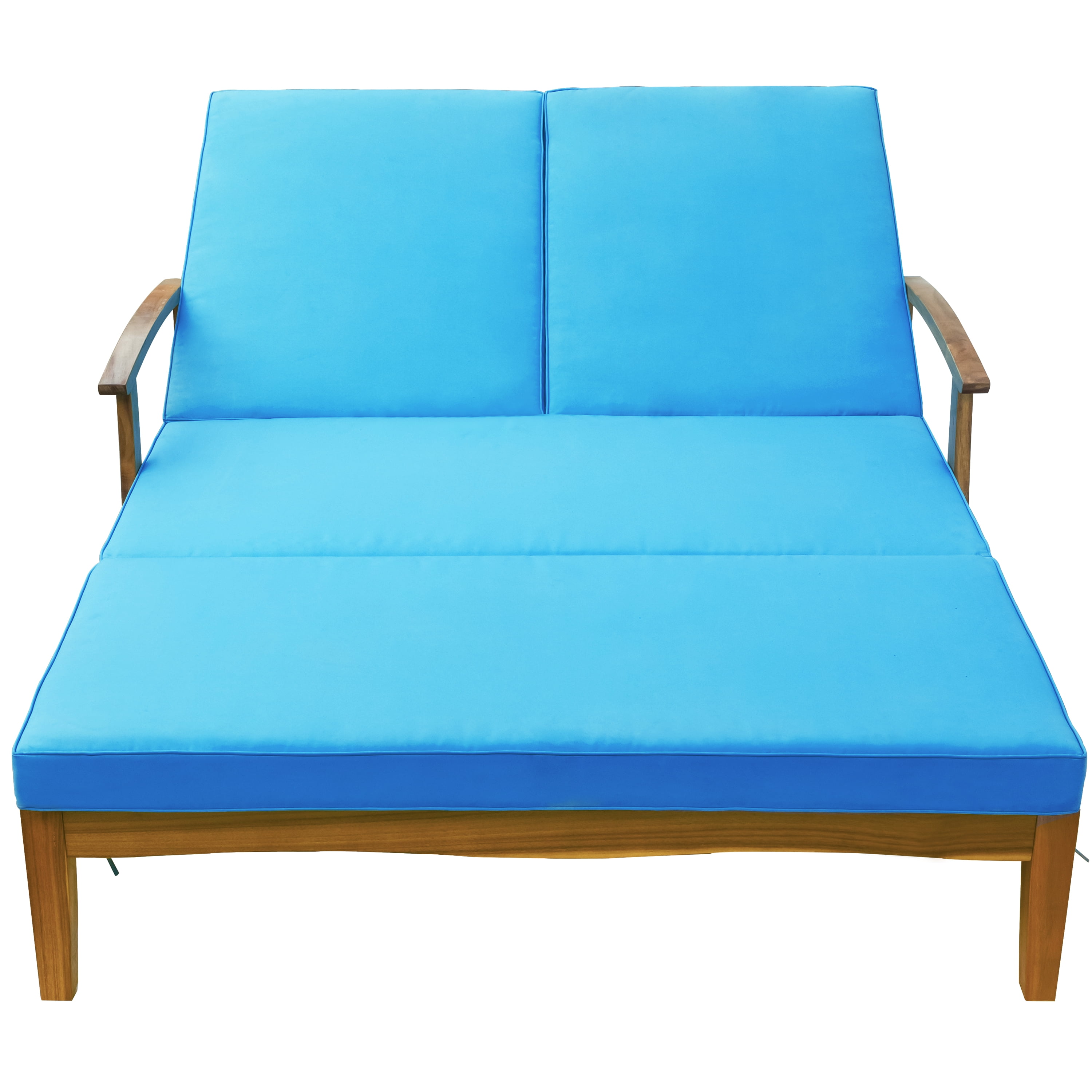 Toyuson Outdoor Double Chaise Lounge Chair For 2 Persons Patio Backyard Solid Wood Frame Daybed With Cushion And Wheels Natural Wood Finish Blue Cushion Walmart Com Walmart Com