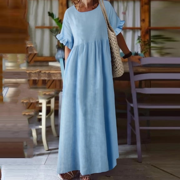 Women Fashion Casual Solid Round Neck Short Sleeve Mid Length Long Dress Fall Dresses for Women Casual Summer Dresses Casual Turtleneck Dress Dress with Pockets Long Cute Winter Dresses for Women