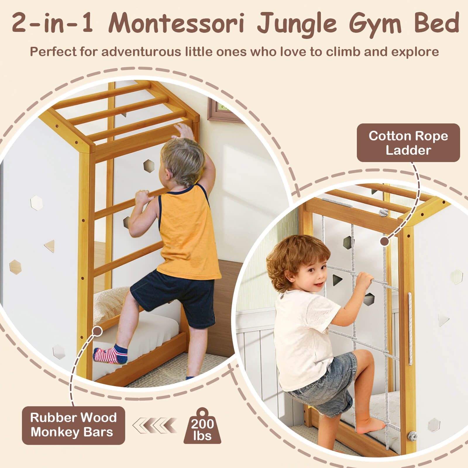 Costway Twin Size Climbing Bed, 2-in-1 Montessori Floor Bed with Monkey Bars for Boys Girls