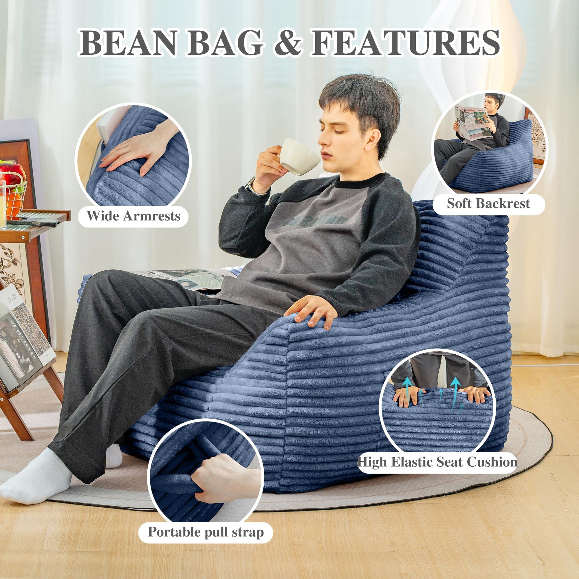 JESTOP Bean Bag Chair for Adults with Armrests, Lazy Floor Sofa Cozy Single Cloud Mini Couch, Corduroy Reading Chair for Living Room Bedroom