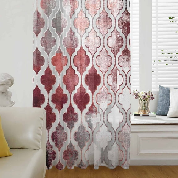Red Morocco Semi Sheer Curtains Drapes for Living Room, Bedroom, French Doors Window 54 Inches Long, Rustic Country Smear Street Mottled Art Rod Pocket Chiffon Curtain Drapery Voile Draperies Panel