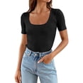 thumbnail image 3 of Lixiuxyad Women Short Sleeve Square Neck T Shirts Summer Slim Fitted Ribbed Knit Basic Casual Tee Tops Trendy Casual,Black XL, 3 of 7
