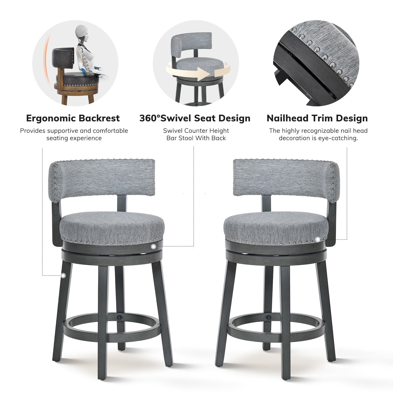 AFO Upholstered Swivel Bar Stool Set of 4 with Back - 24 Inch Counter Height Chair for Kitchen Island, Grey