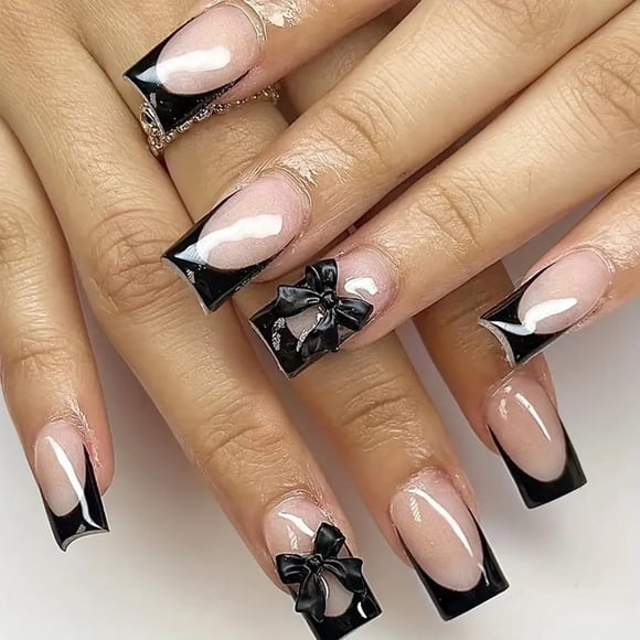 Press on Nails GUAACCB French Tip Black con diseño de lazo 3D