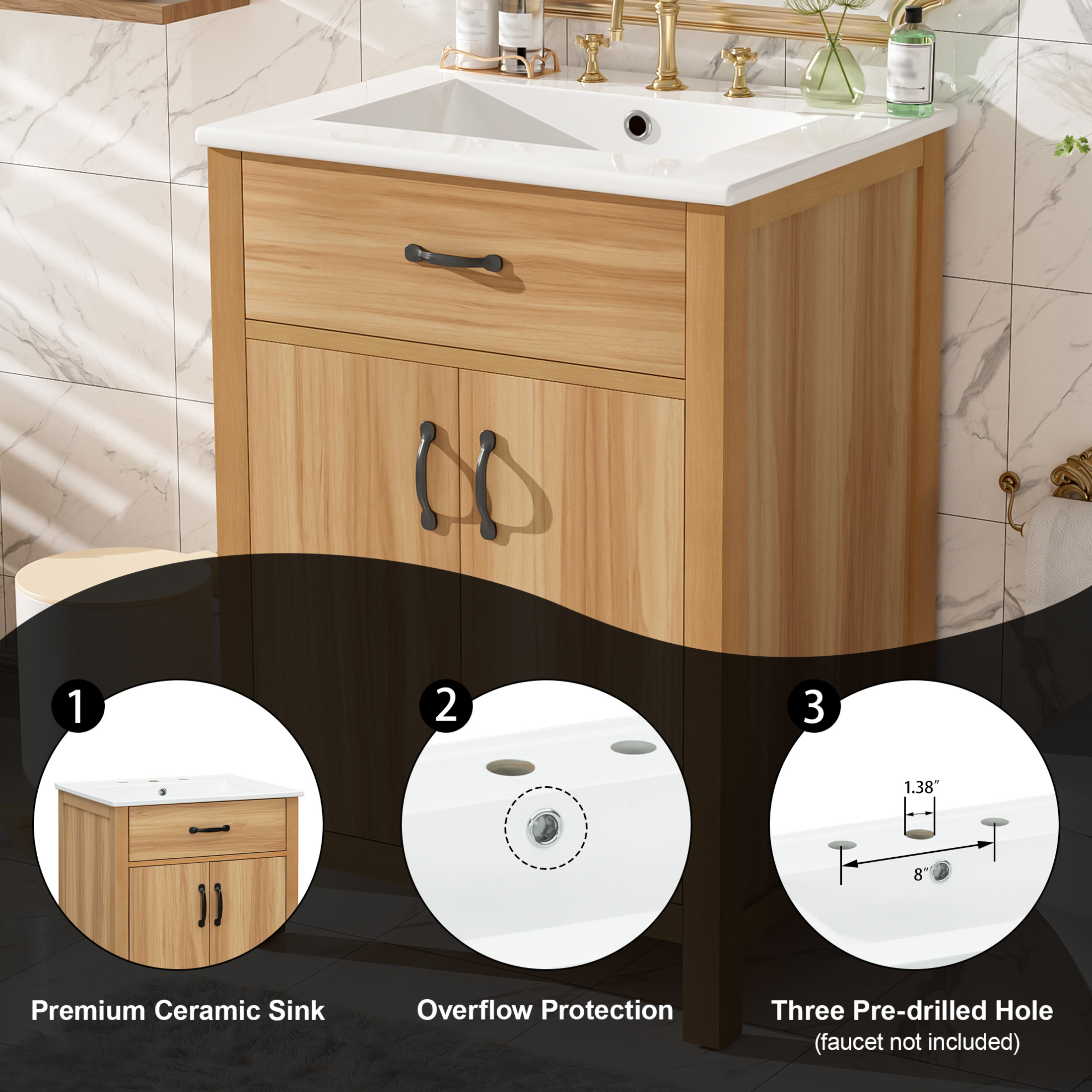 Noble House 24" Bathroom Vanity with Ceramic Sink, Flip Drawer, Soft Close Doors, Adjustable Shelf, Wood Finish