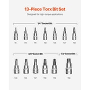 KFFKFF Torx Bit Socket Collection, Set of 13 Star T8 - T60, Composed of S2 Alloy Steel and Cr-V Steel, Compatible with 1/4 in, 3/8 in, and 1/2 in Drives, with Improved Storage Box