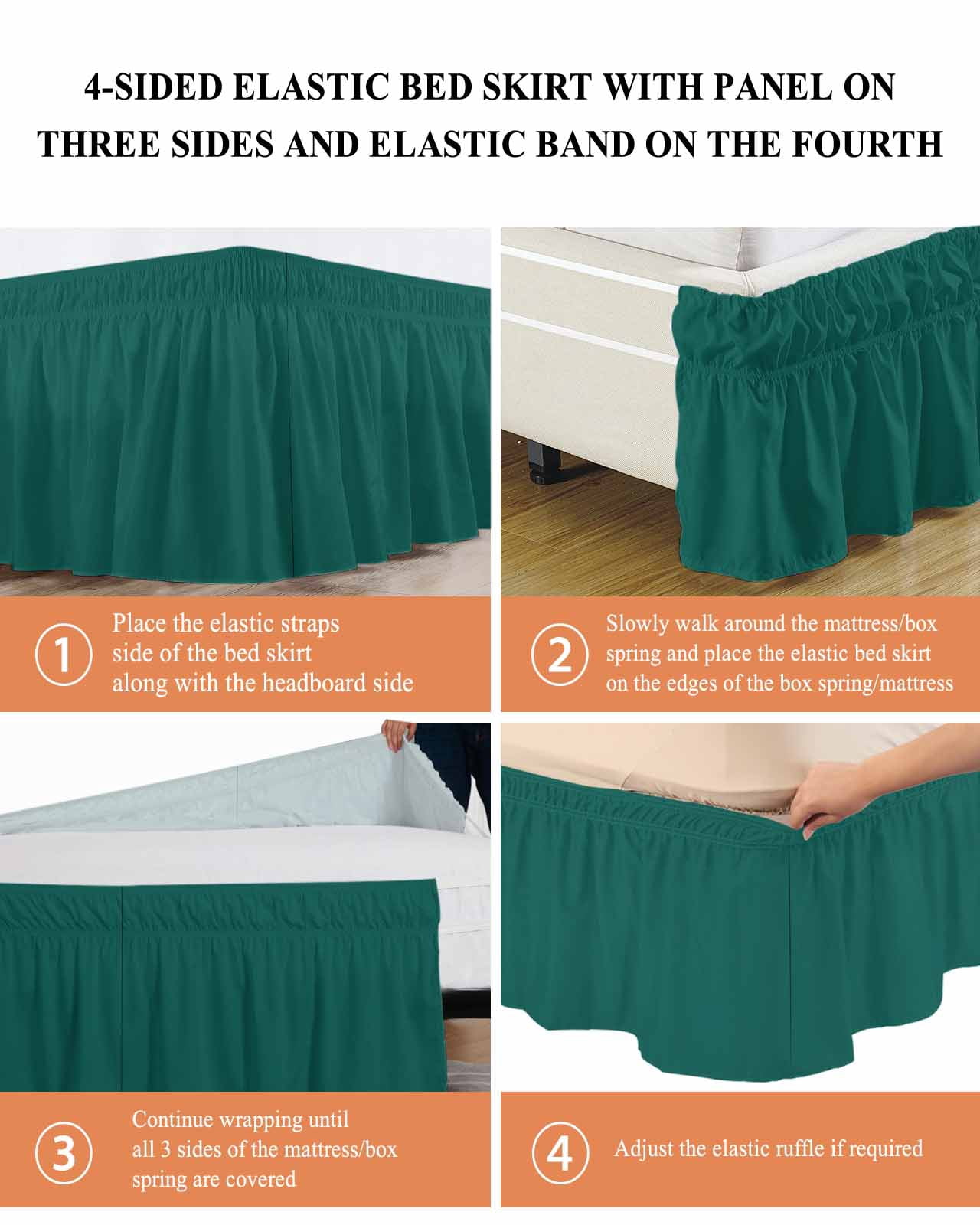 Dark Green Wrap Around Bed Skirts for Queen Bed 18" Drop, Bed Skirt with Adjustable Elastic Belt Dust Ruffle Bed Valance for Bedroom Hotel Luxury Modern Pure Dark Green Bed Frame Cover